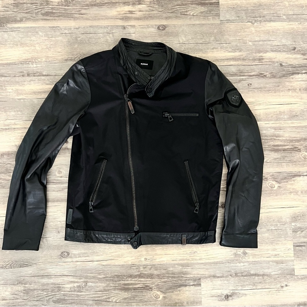 RUDSAK Black Mixed-Material Bomber Jacket with Leather Sleeves